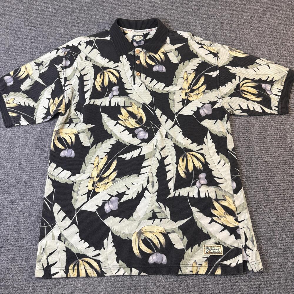 Tommy Bahama Shirt Mens Large Black Yellow Green Floral Polo Cotton Hawaiian